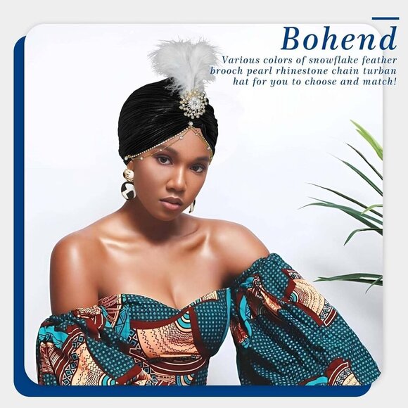 Women Rhinestone Turban Cap Pearl Feather Beanie Vintage Head Cover Hat - Picture 7 of 7